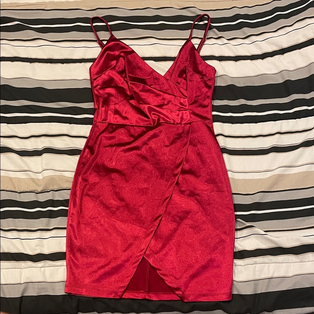 Red Satin Deep V Neck Mini Party Dress
